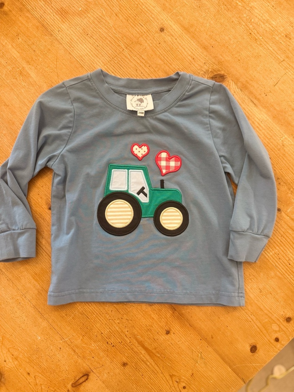 Toddler Blue Long-Sleeve Tee with Green Tractor Appliqué